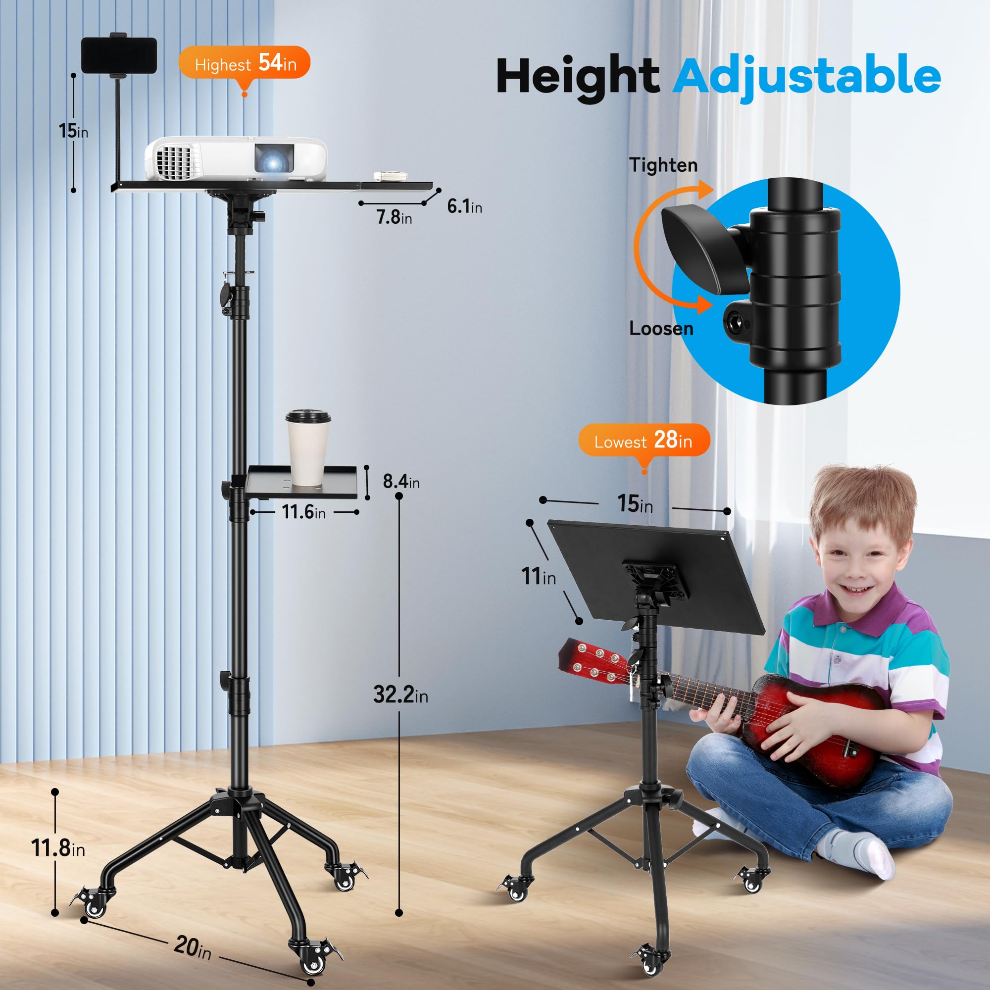 CAHAYA Projector Tripod Stand with Casters: Projector Stand 28-54in Height Adjustable Multifunctional Universal Laptop Stand DJ